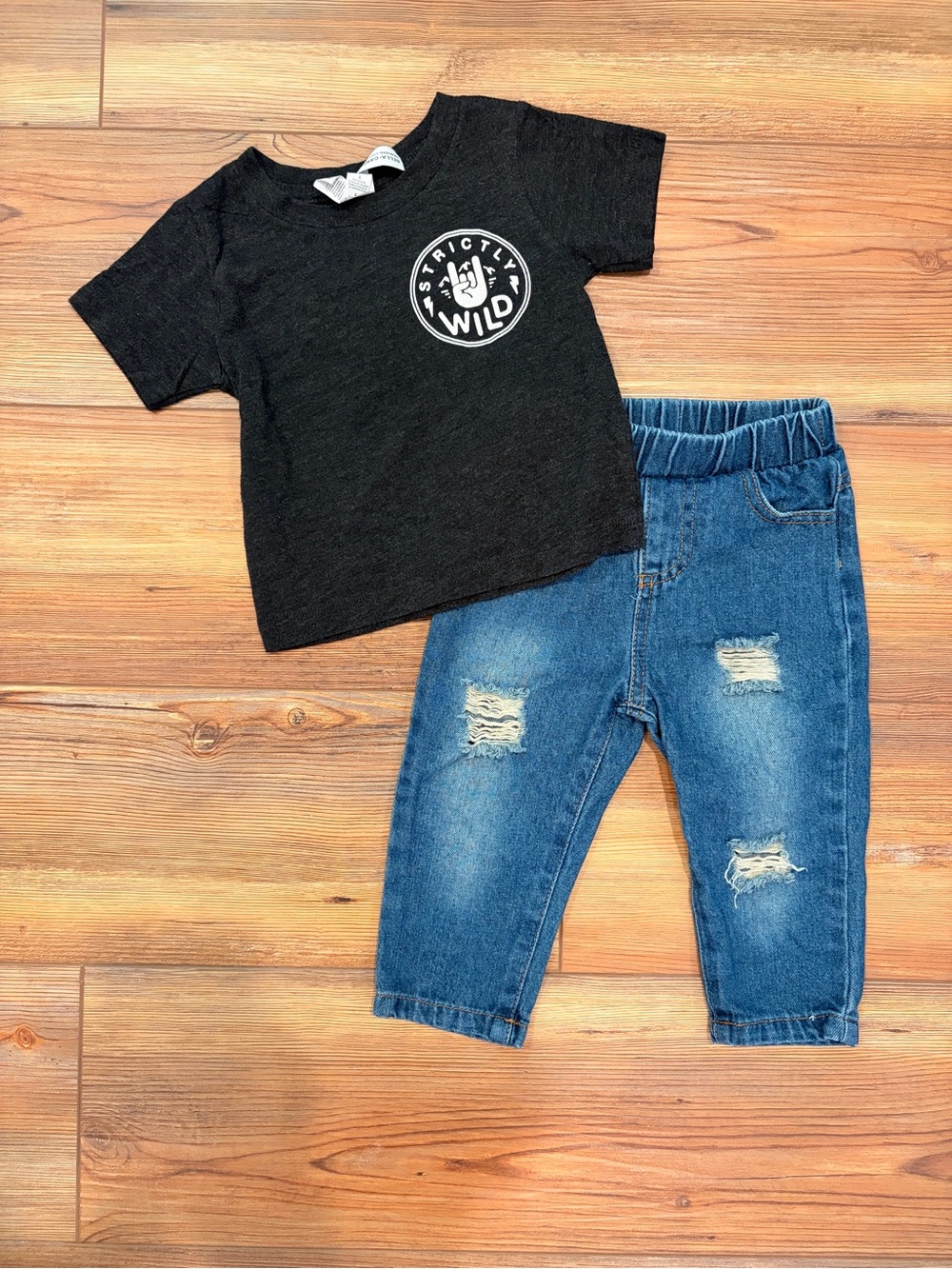 Black Graphic Tee and Blue Distressed Kids Jeans Set